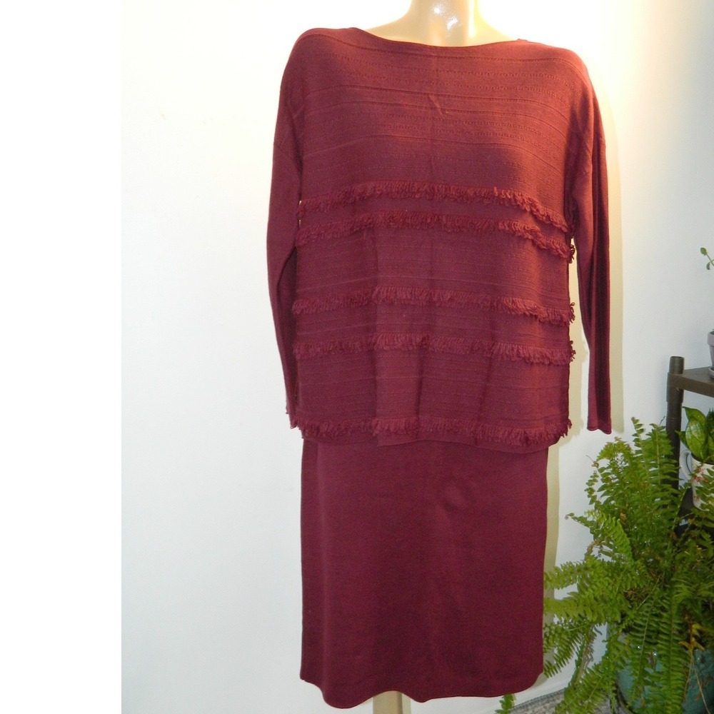J. Jill Bordeaux Sweater XS/S Skirt Set Women Burgundy Fringe Knit Boat Neck